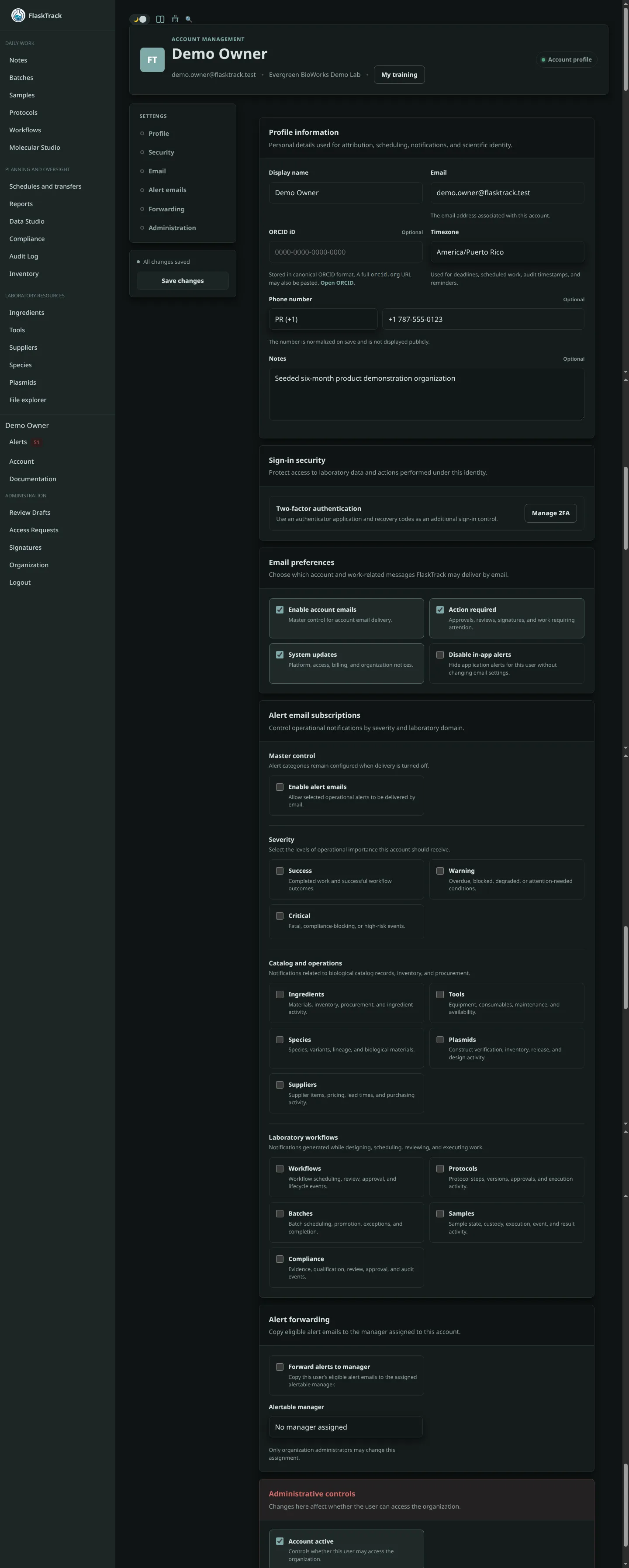 FlaskTrack account settings page