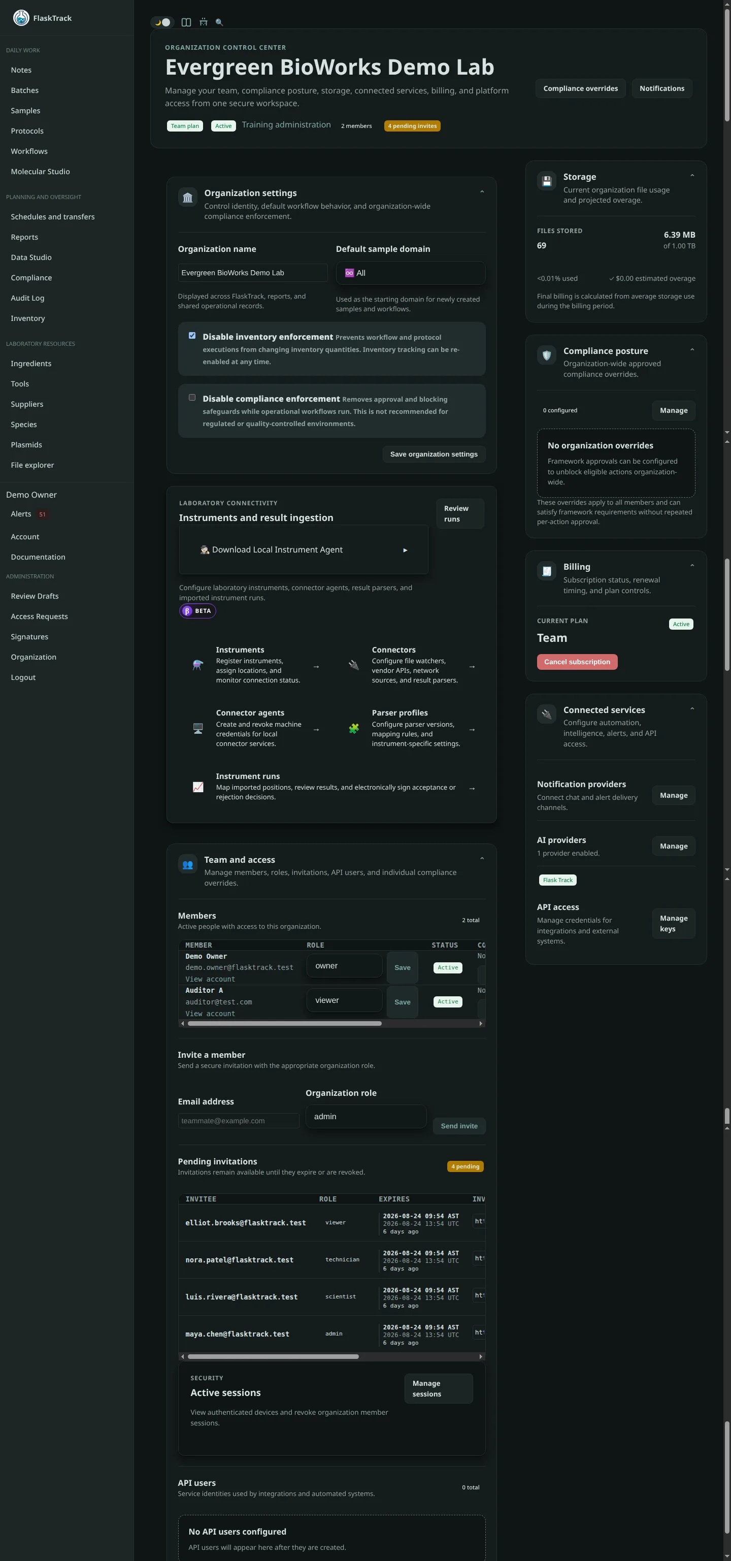 Organization management page in FlaskTrack