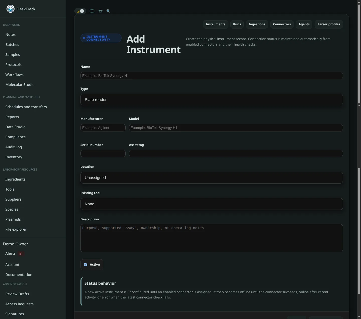 New instrument registration form