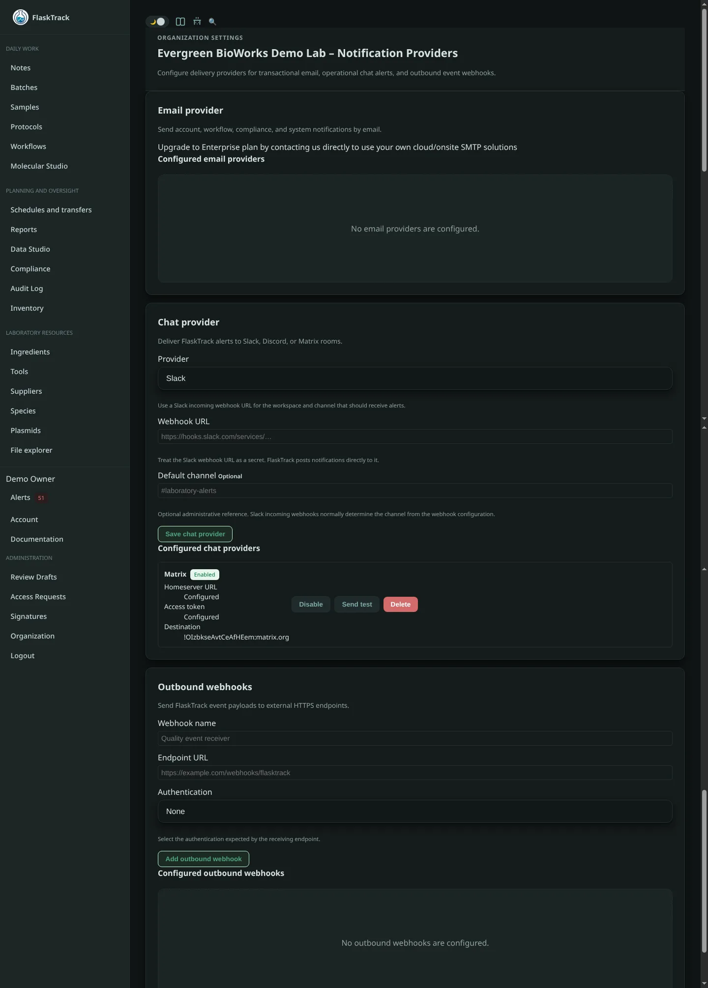 Organization notification integration settings