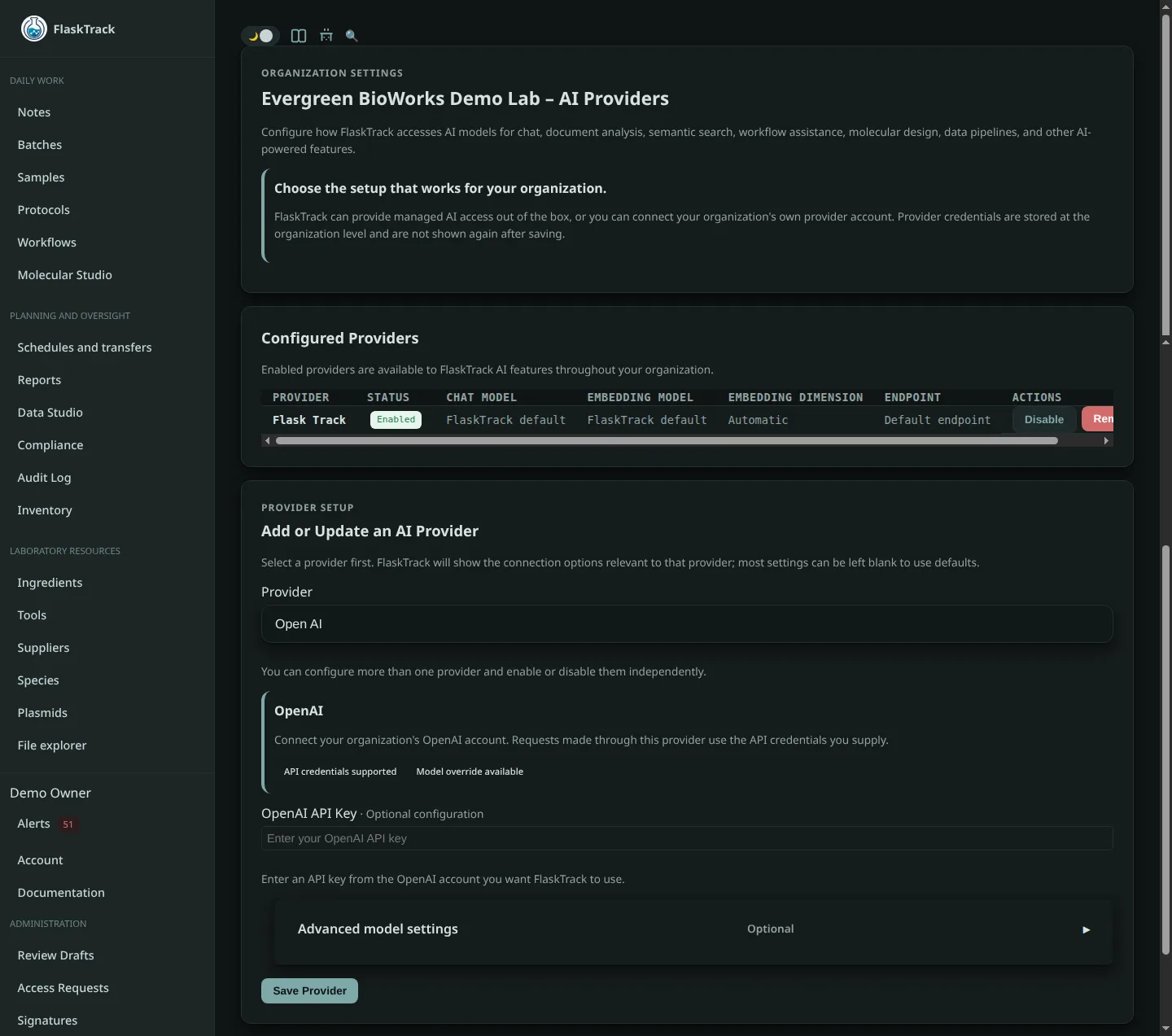 Organization AI provider settings