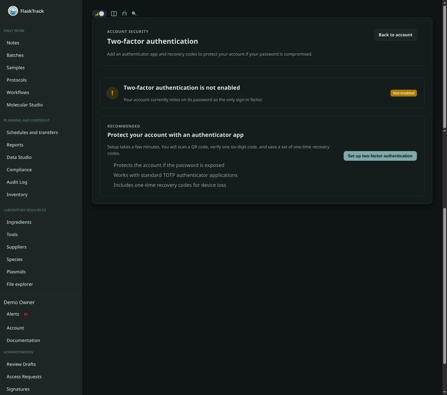 Account security and two-factor authentication settings