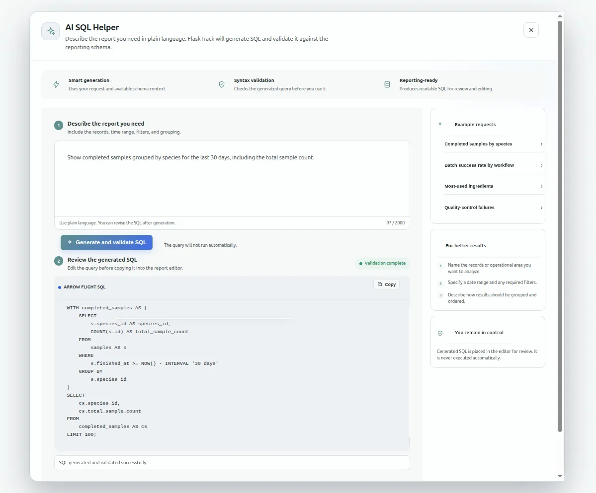 Flask Track custom reports builder & AI SQL Assistant