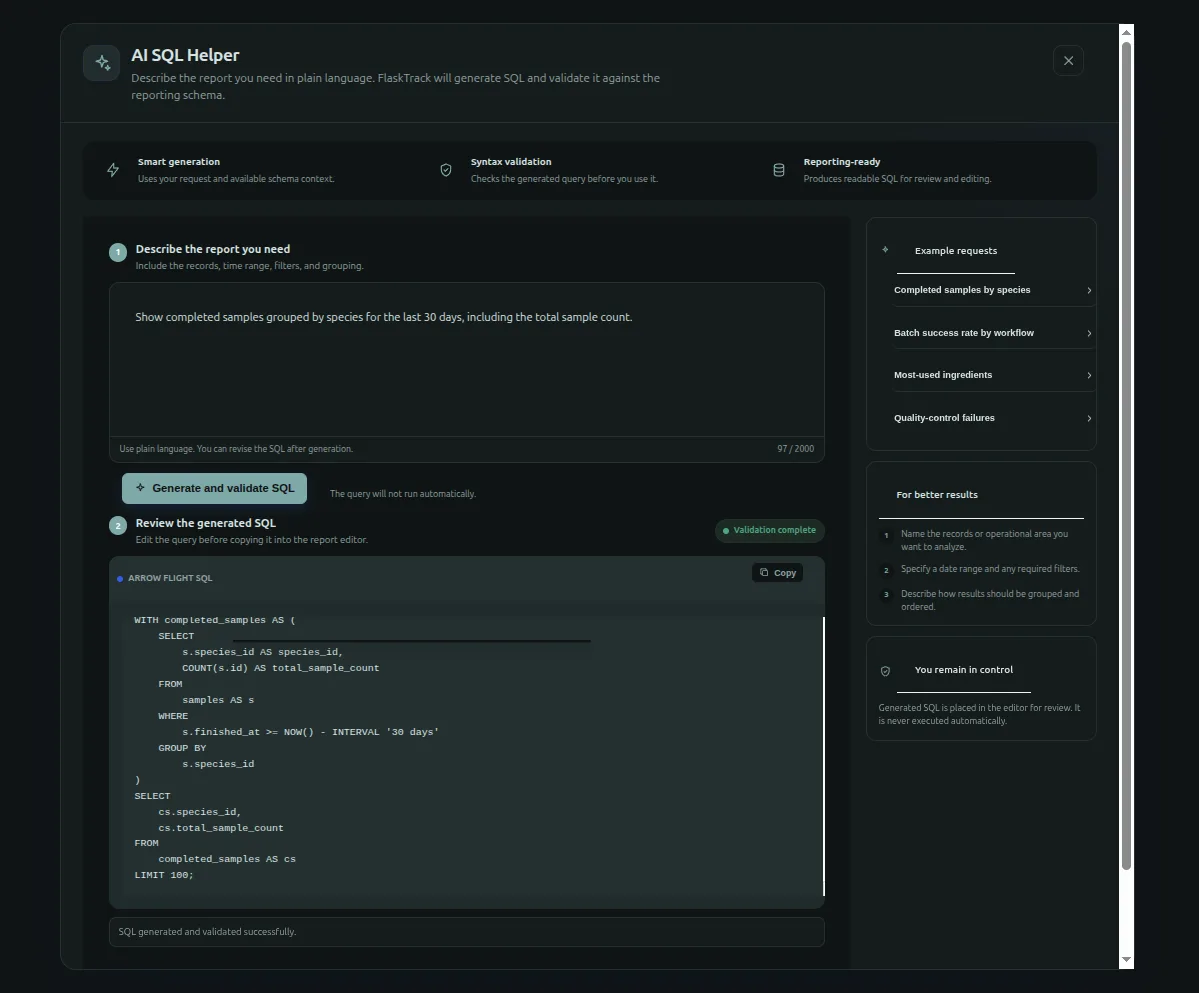 Flask Track custom reports builder & AI SQL Assistant