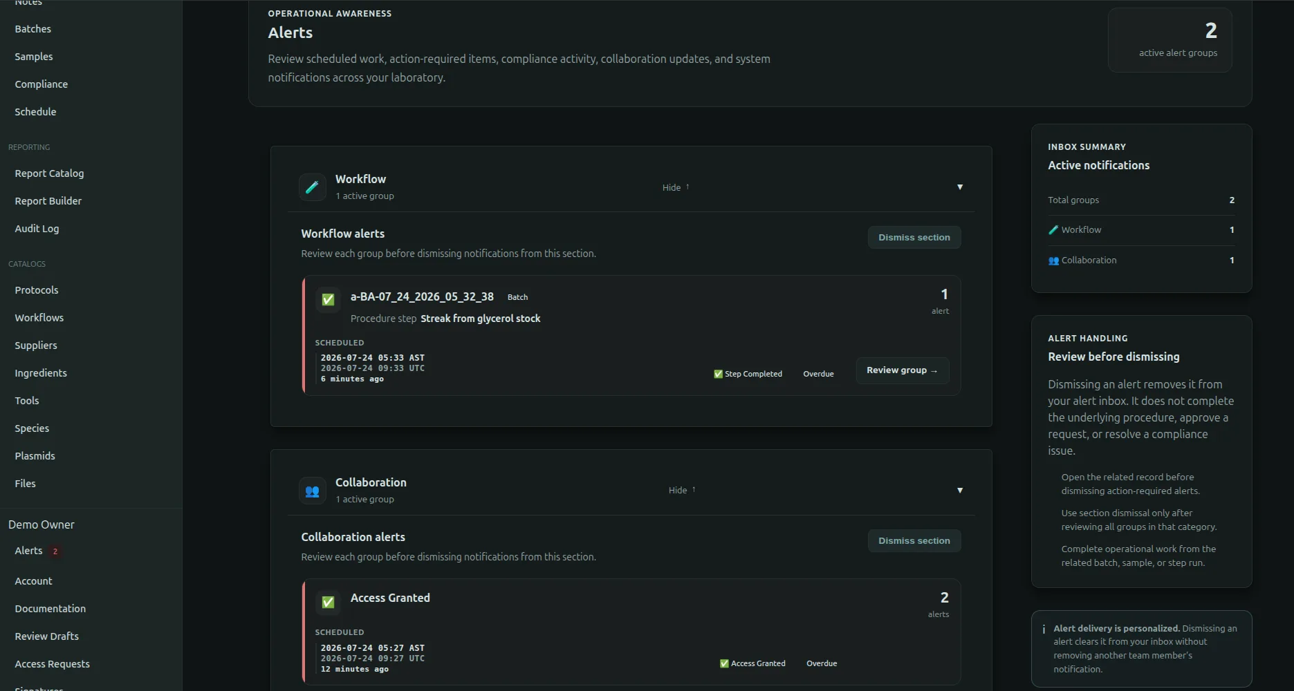 Alerts page showing operational notifications