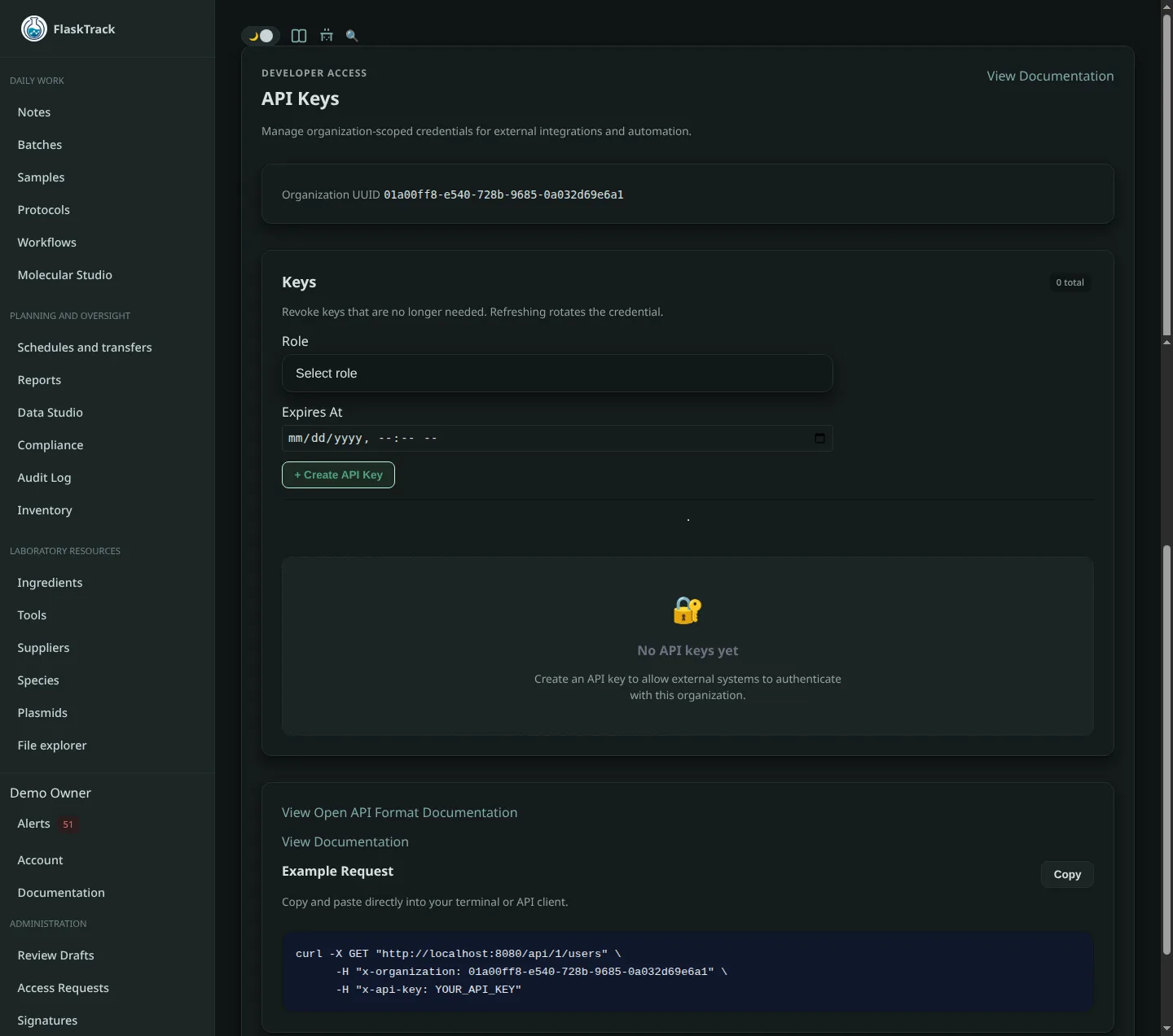 API key management page in FlaskTrack