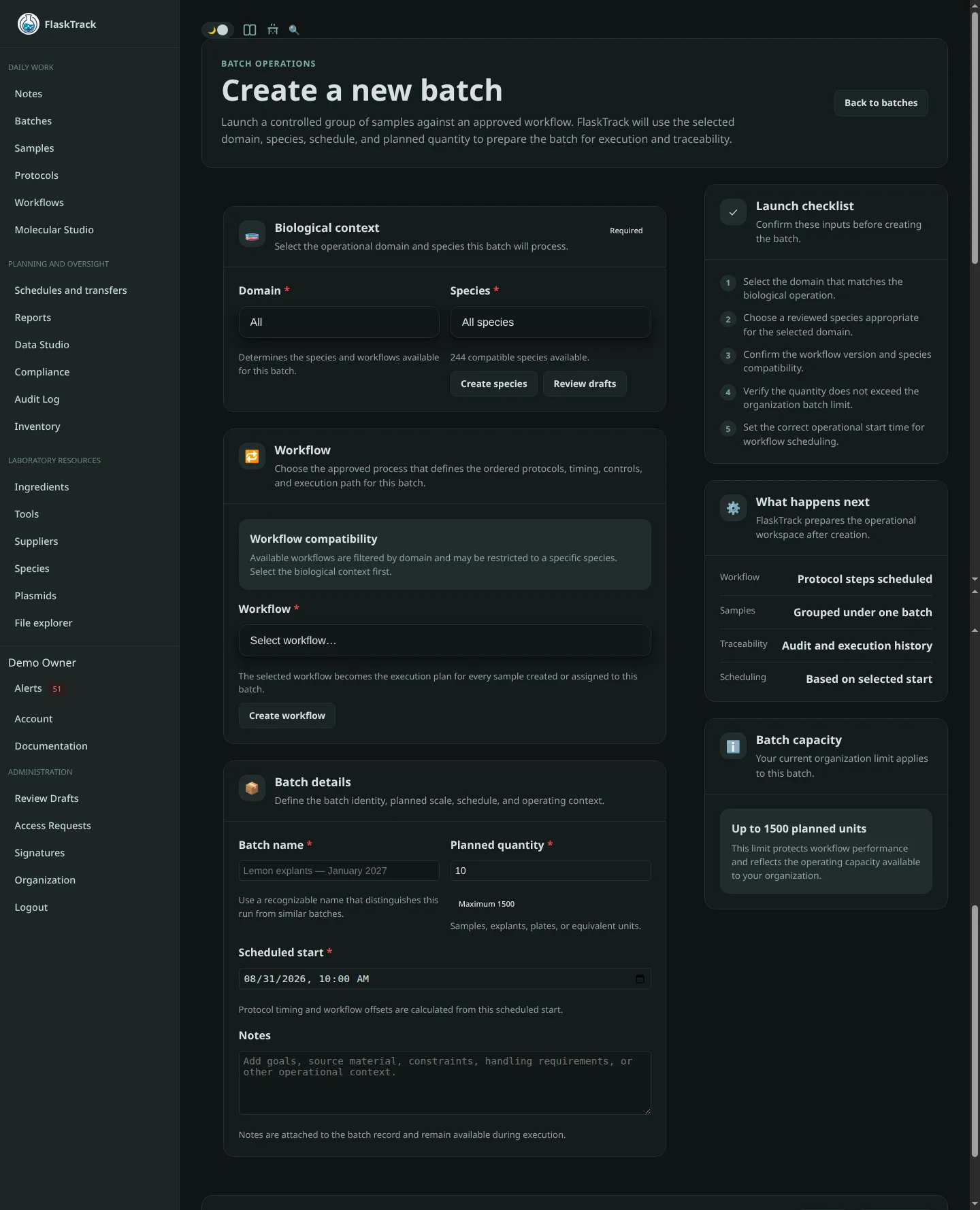 Batch detail page in FlaskTrack