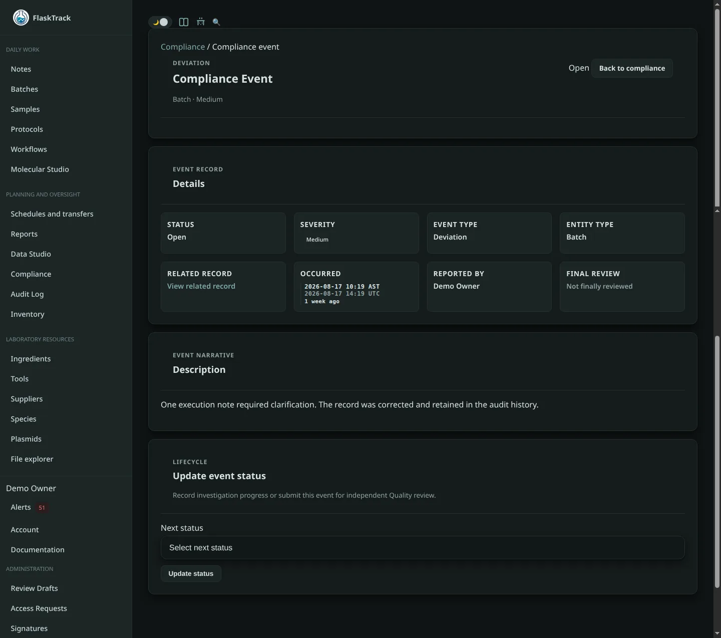 Compliance event detail page