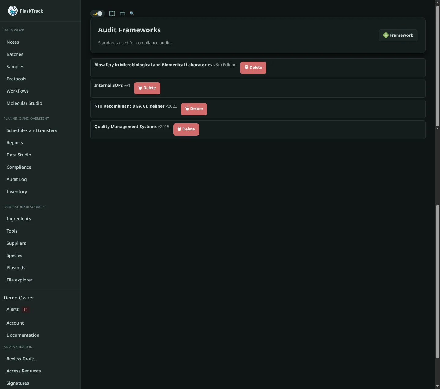 Compliance frameworks page in FlaskTrack