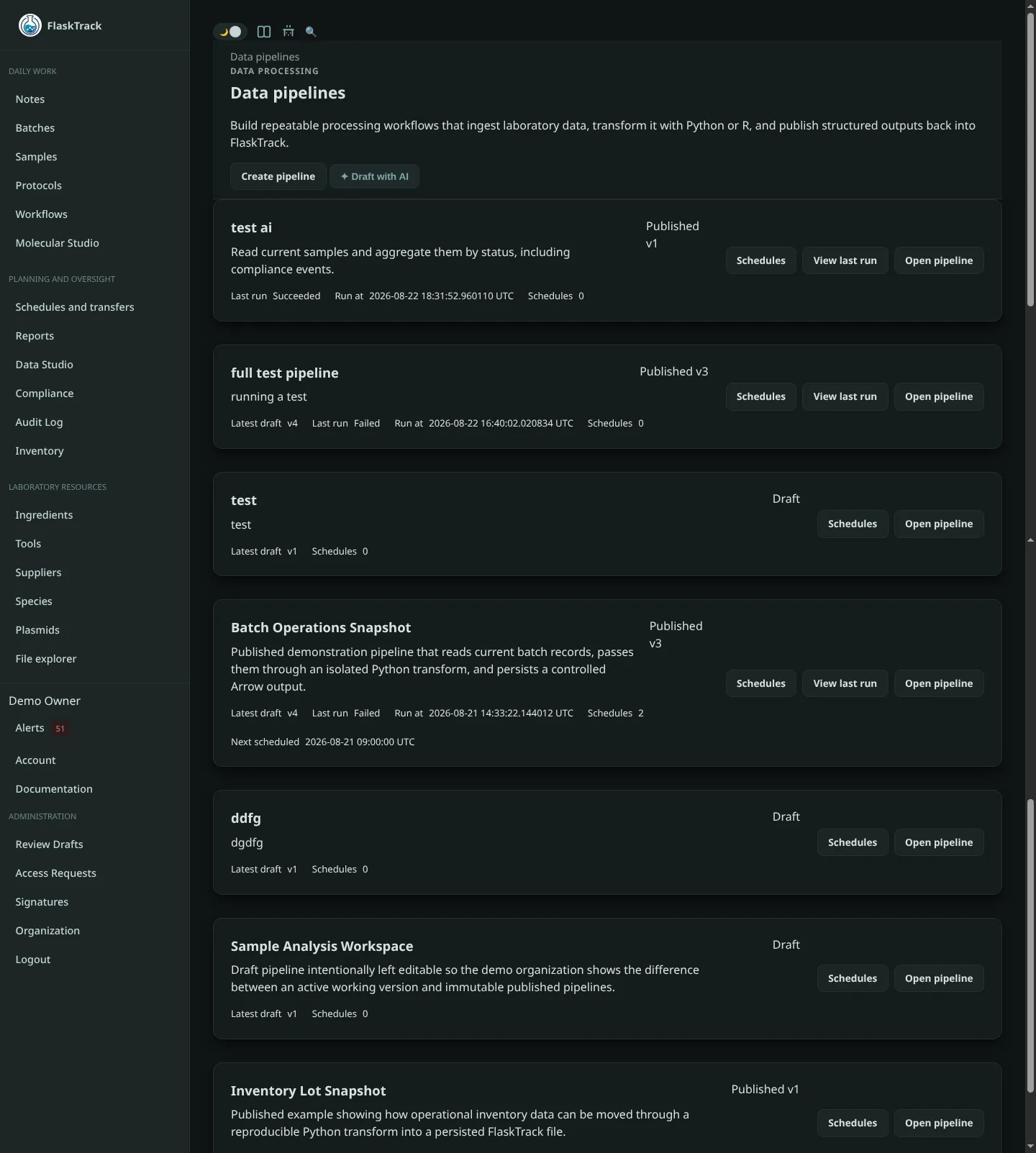 Data Pipelines overview in FlaskTrack