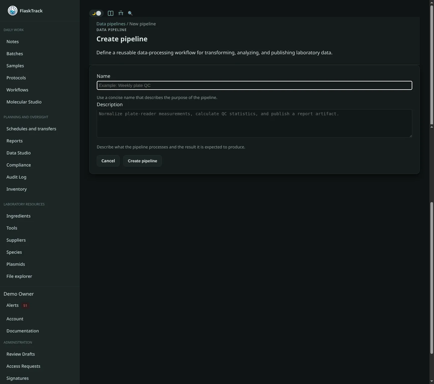 New data pipeline form