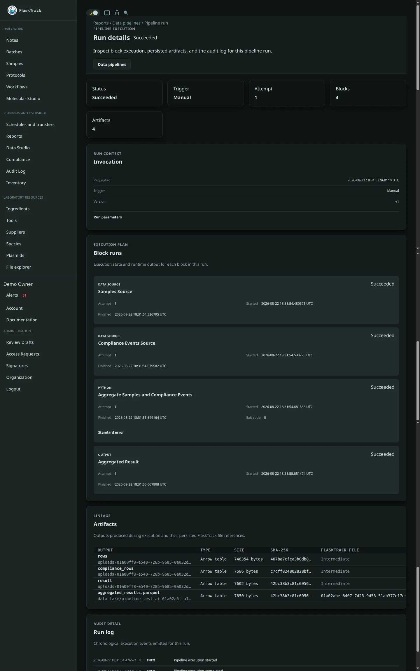 Data pipeline run detail and history