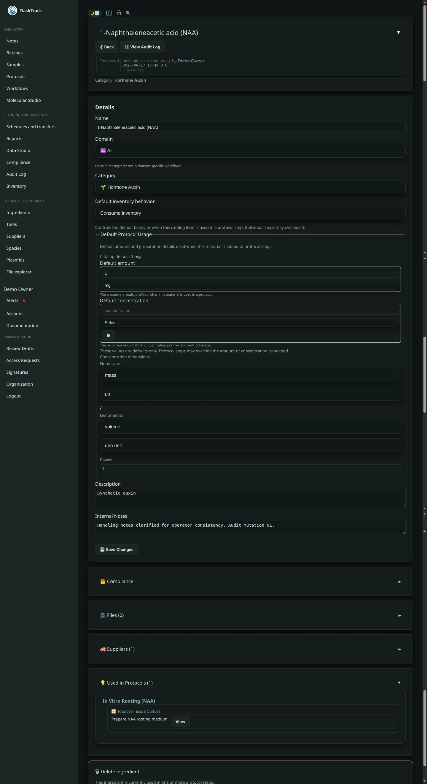 Ingredient detail page in FlaskTrack