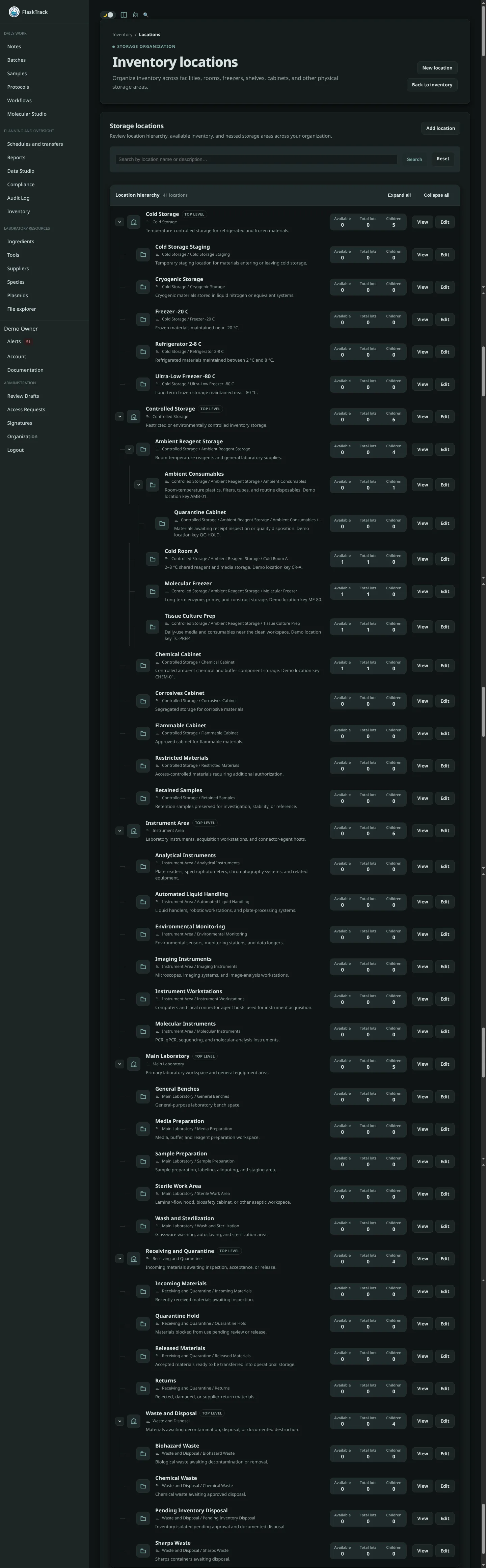 Inventory locations page in FlaskTrack