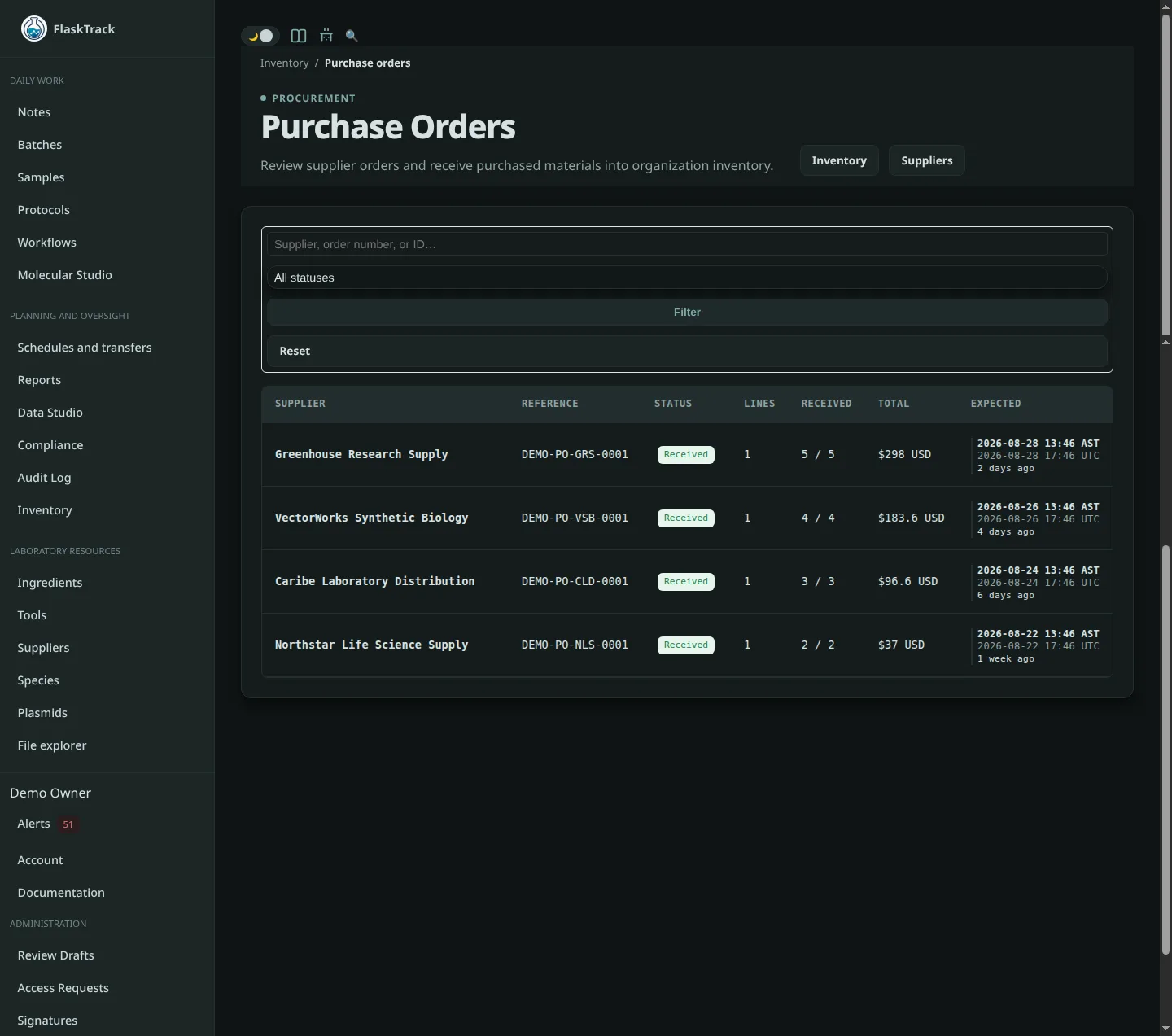 Inventory purchases page in FlaskTrack