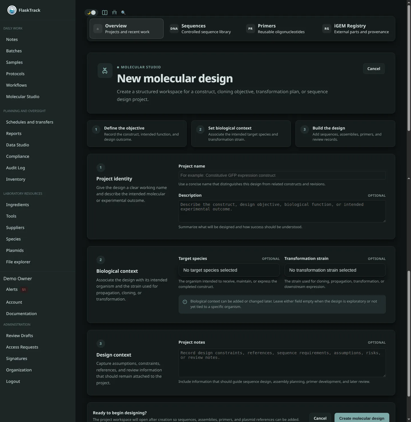 Molecular Studio projects page