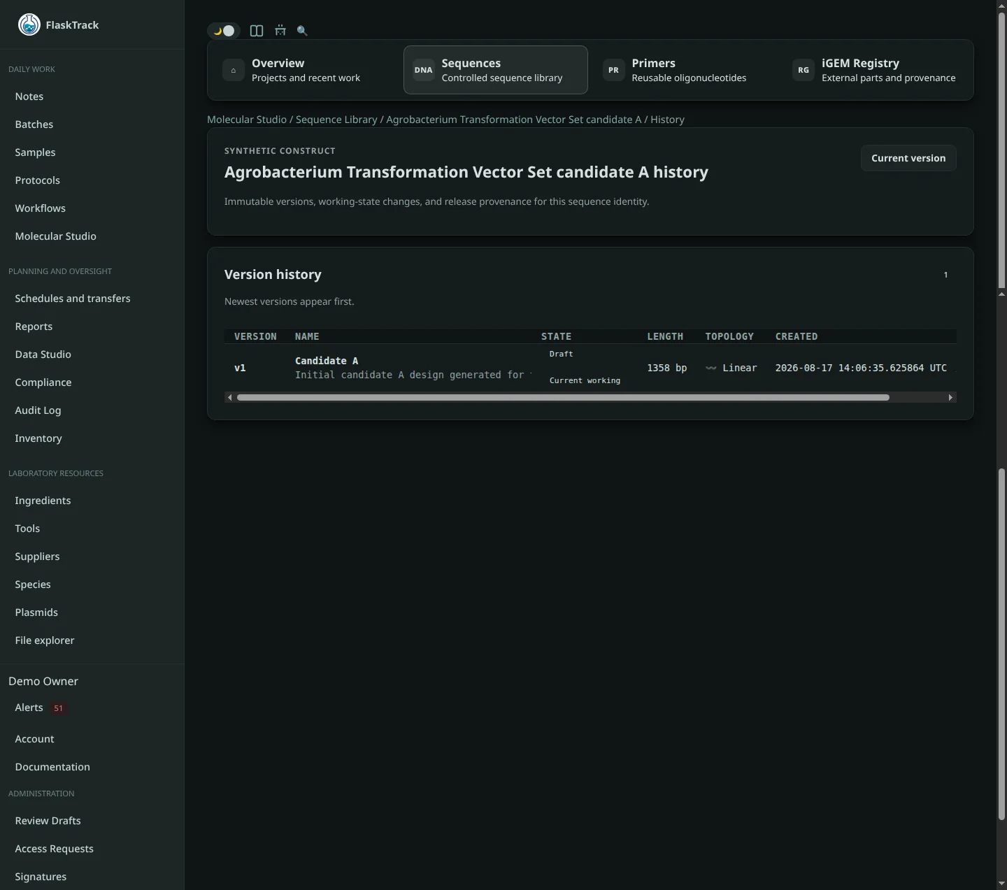 Sequence version history in Molecular Studio