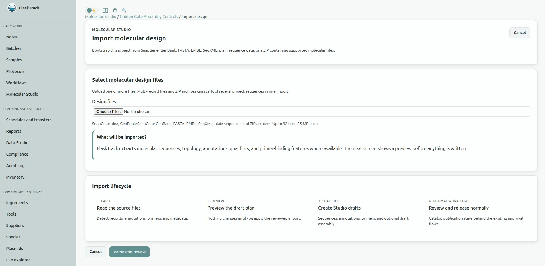 FlaskTrack Molecular Studio sequence import for FASTA GenBank and DNA records