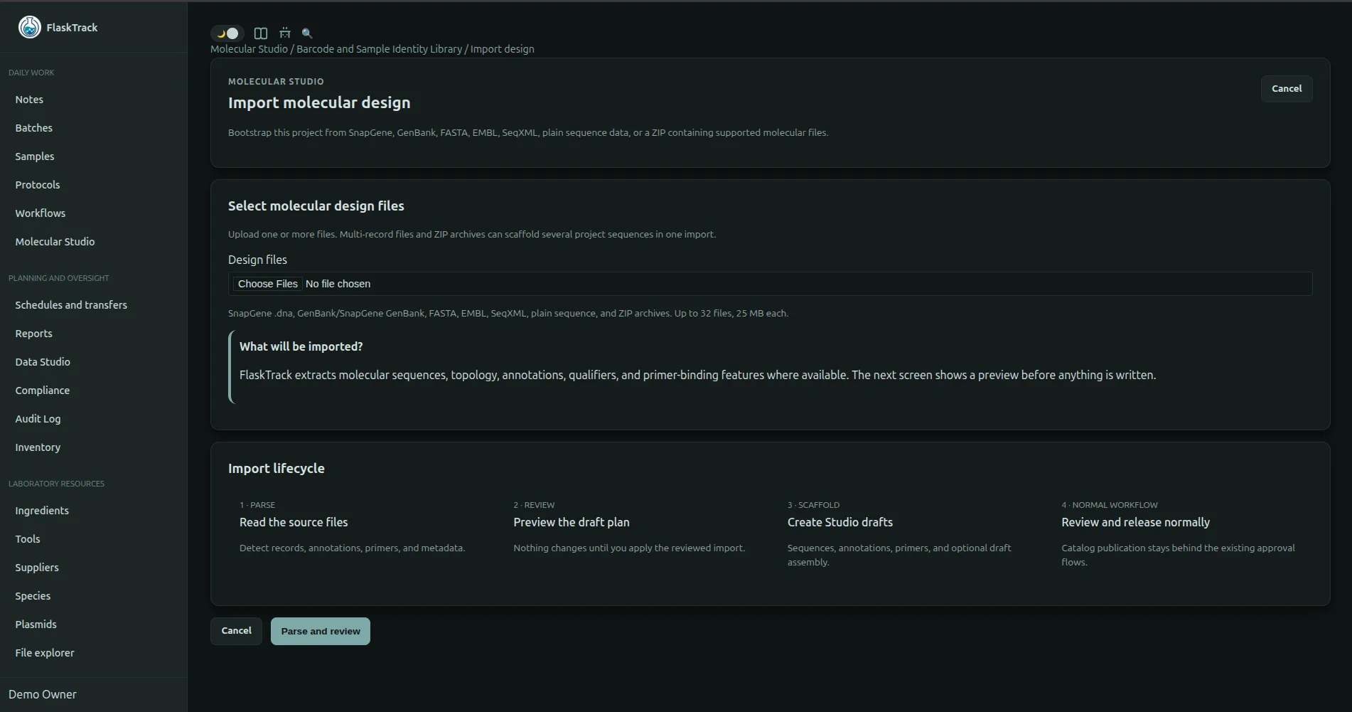 Biological sequence import interface in Molecular Studio