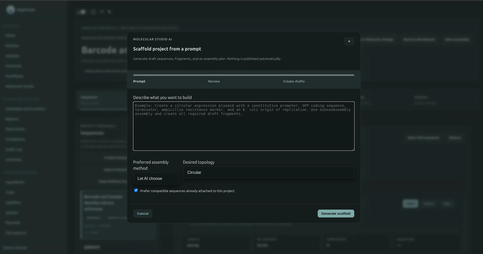 FlaskTrack AI-assisted molecular biology project and sequence design workflow