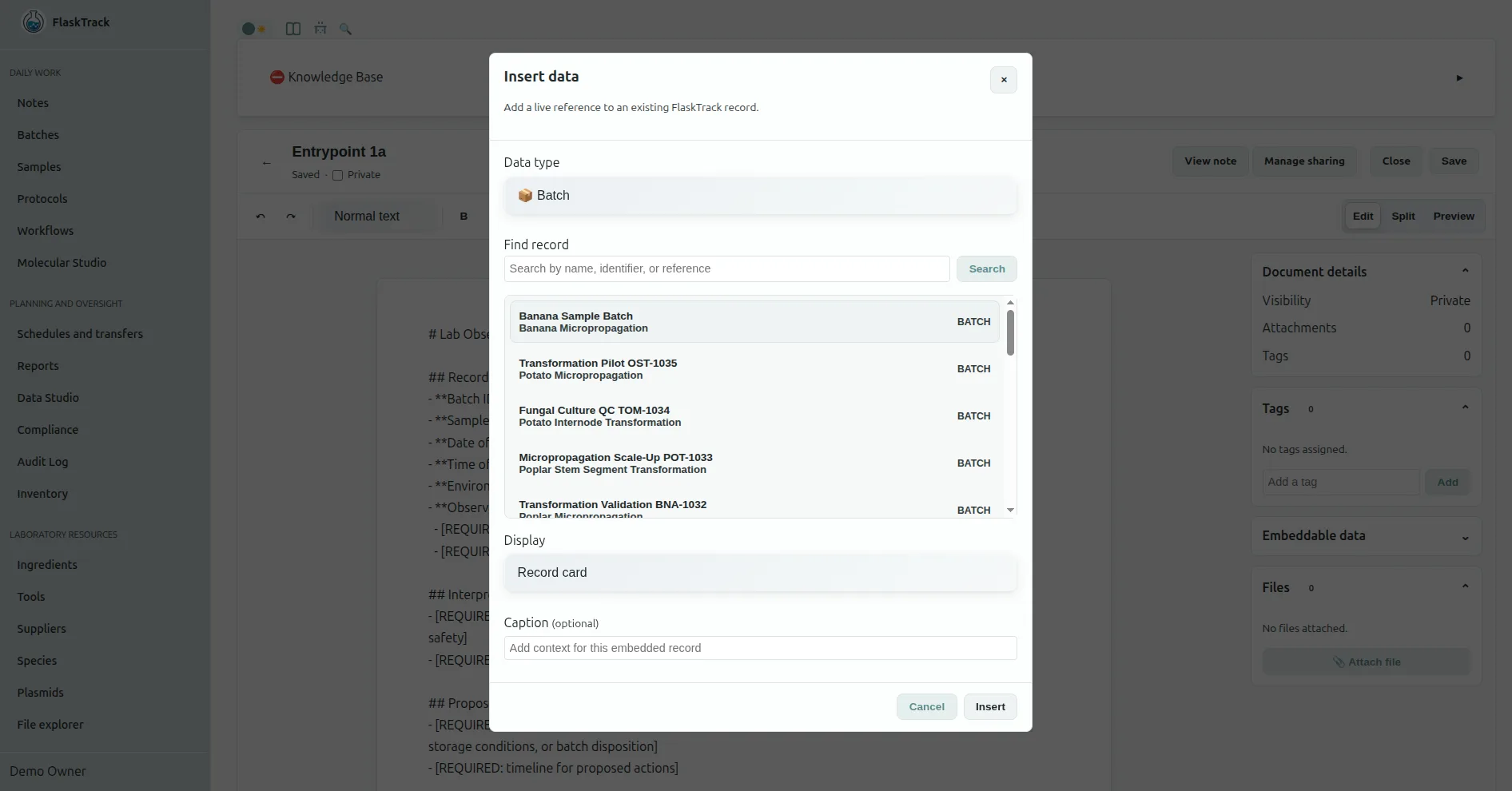 FlaskTrack electronic laboratory notebook connect data, link platform aware records for ease of record keeping and access to share notes to collaborators with context.