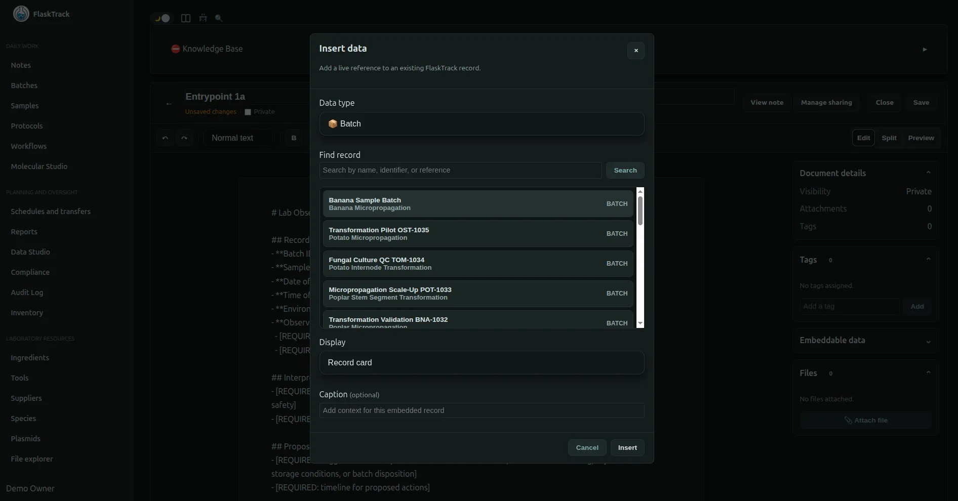 FlaskTrack electronic laboratory notebook connect data, link platform aware records for ease of record keeping and access to share notes to collaborators with context.