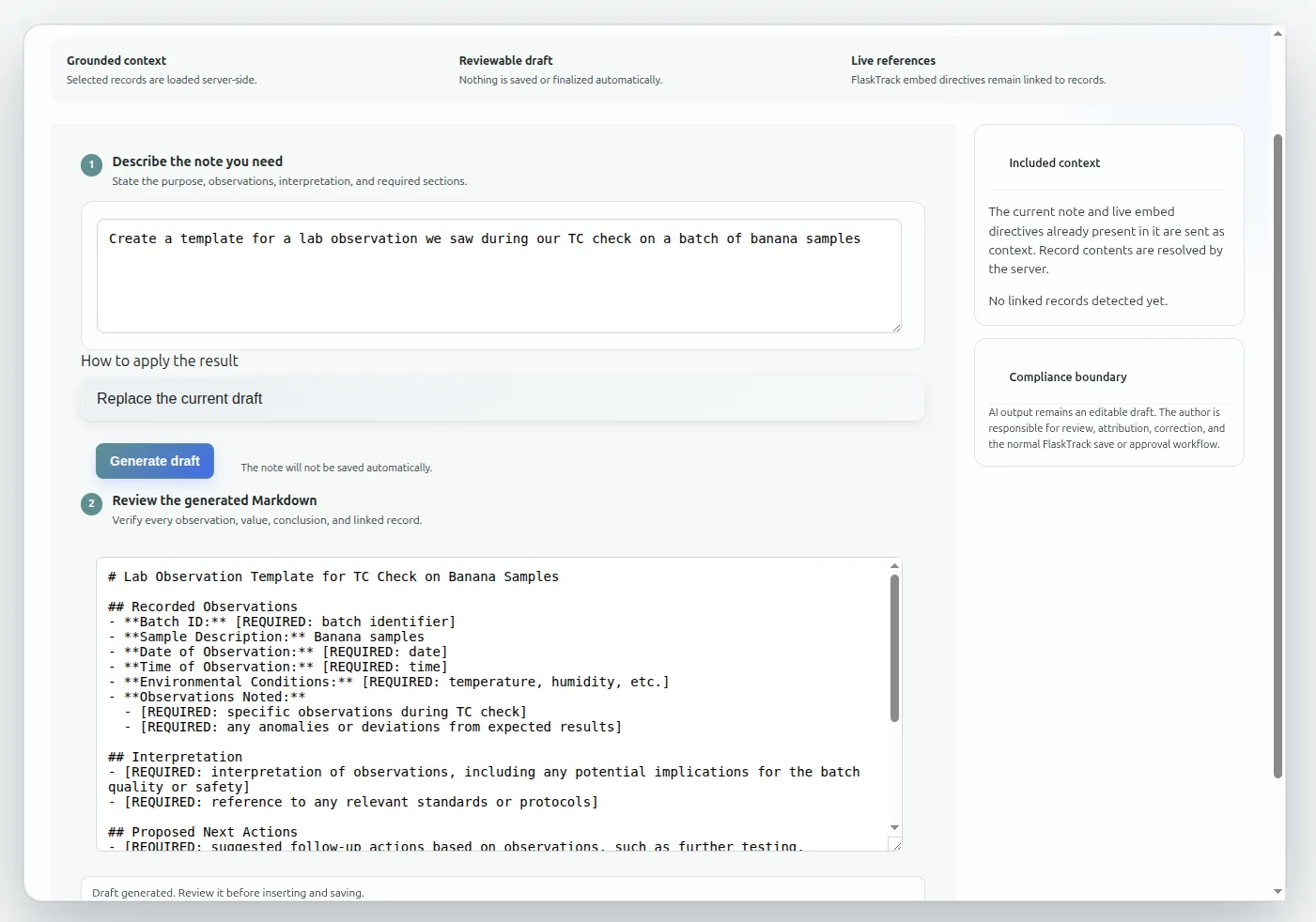 FlaskTrack AI FlaskTrack Scientific Notebook AI - scaffold notes quickly using an LLM to get to the important parts and be back in the laboratory.