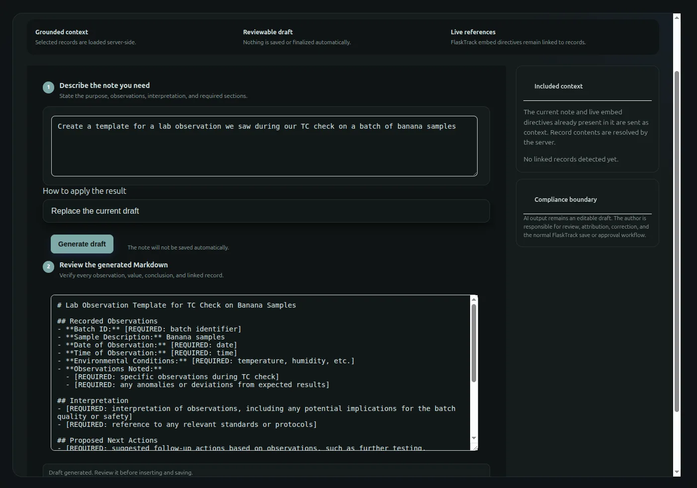 FlaskTrack AI FlaskTrack Scientific Notebook AI - scaffold notes quickly using an LLM to get to the important parts and be back in the laboratory.