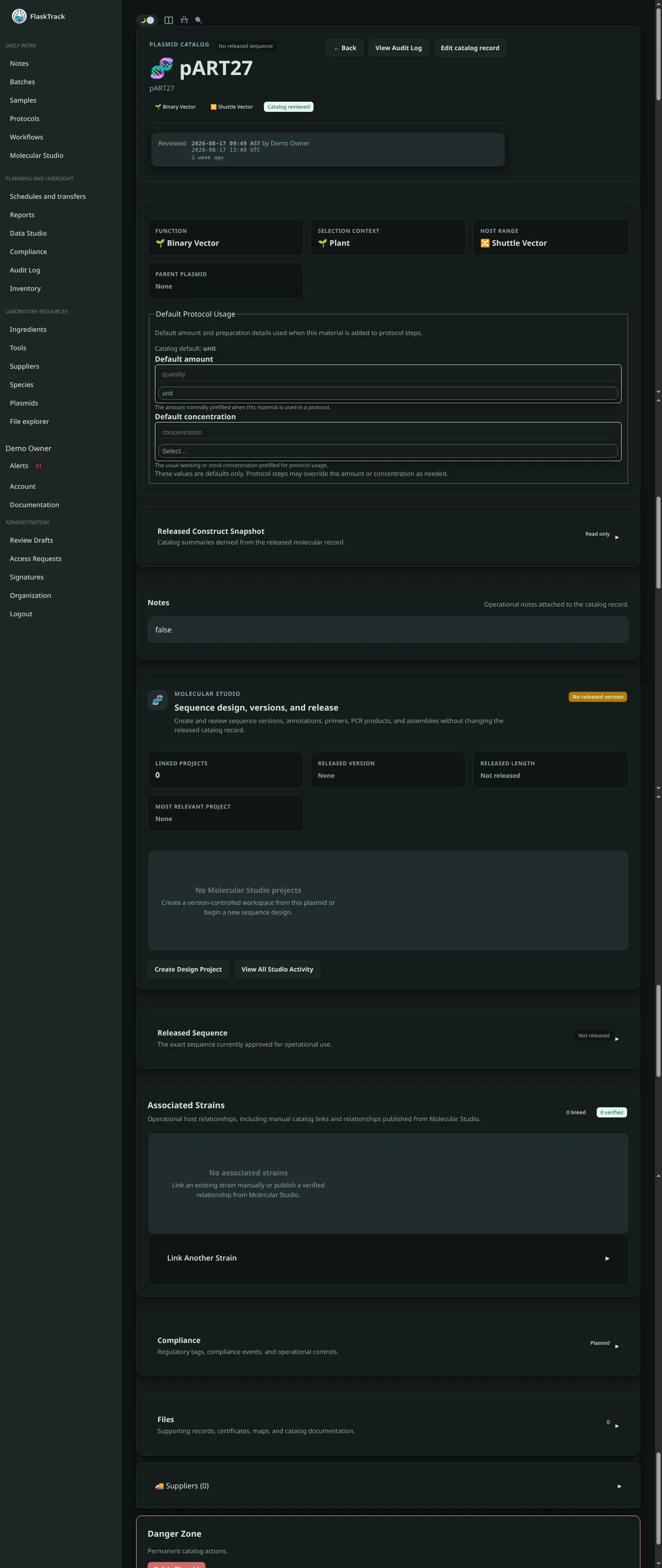 Plasmid detail page in FlaskTrack