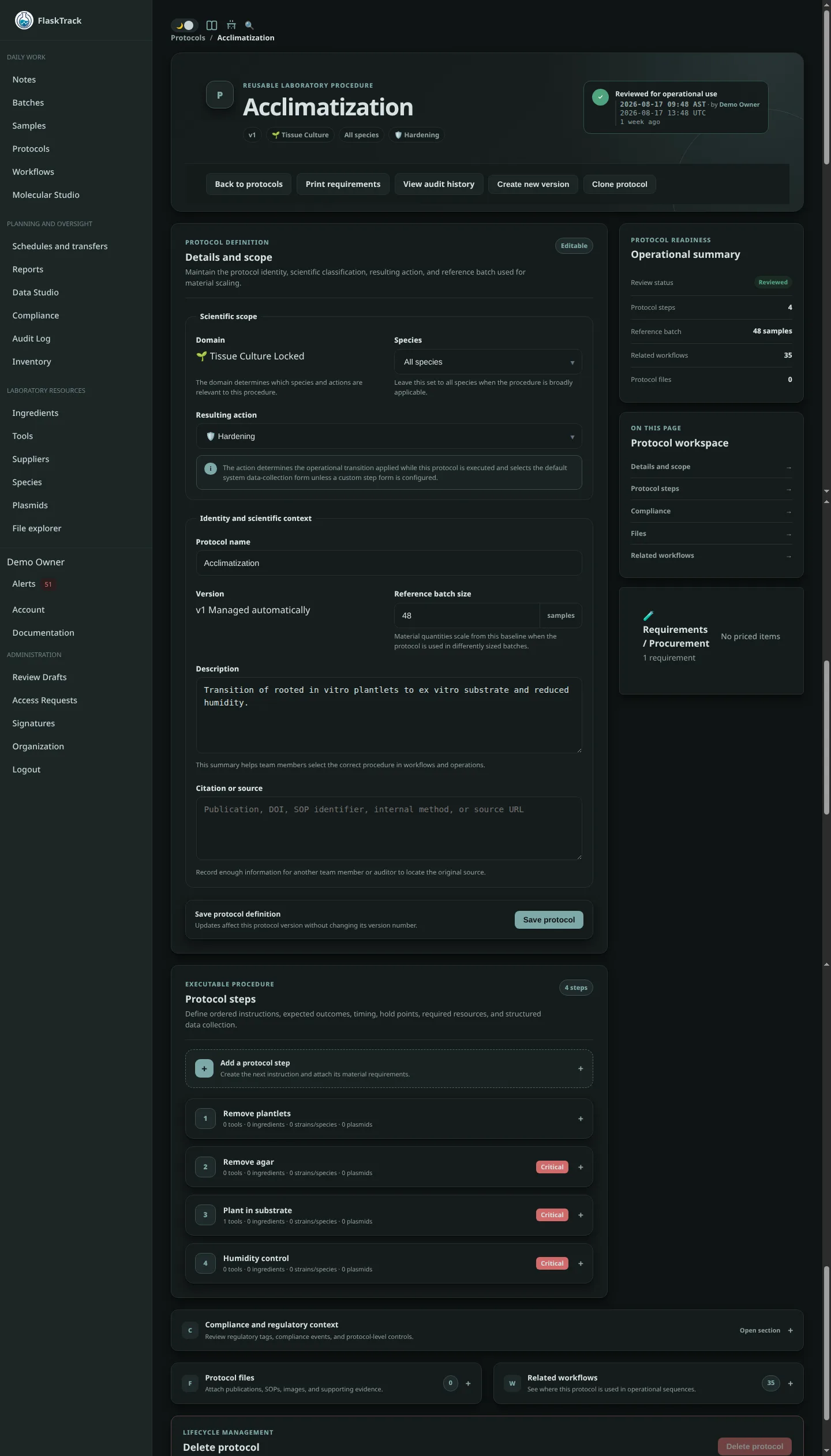 Protocol detail page in FlaskTrack