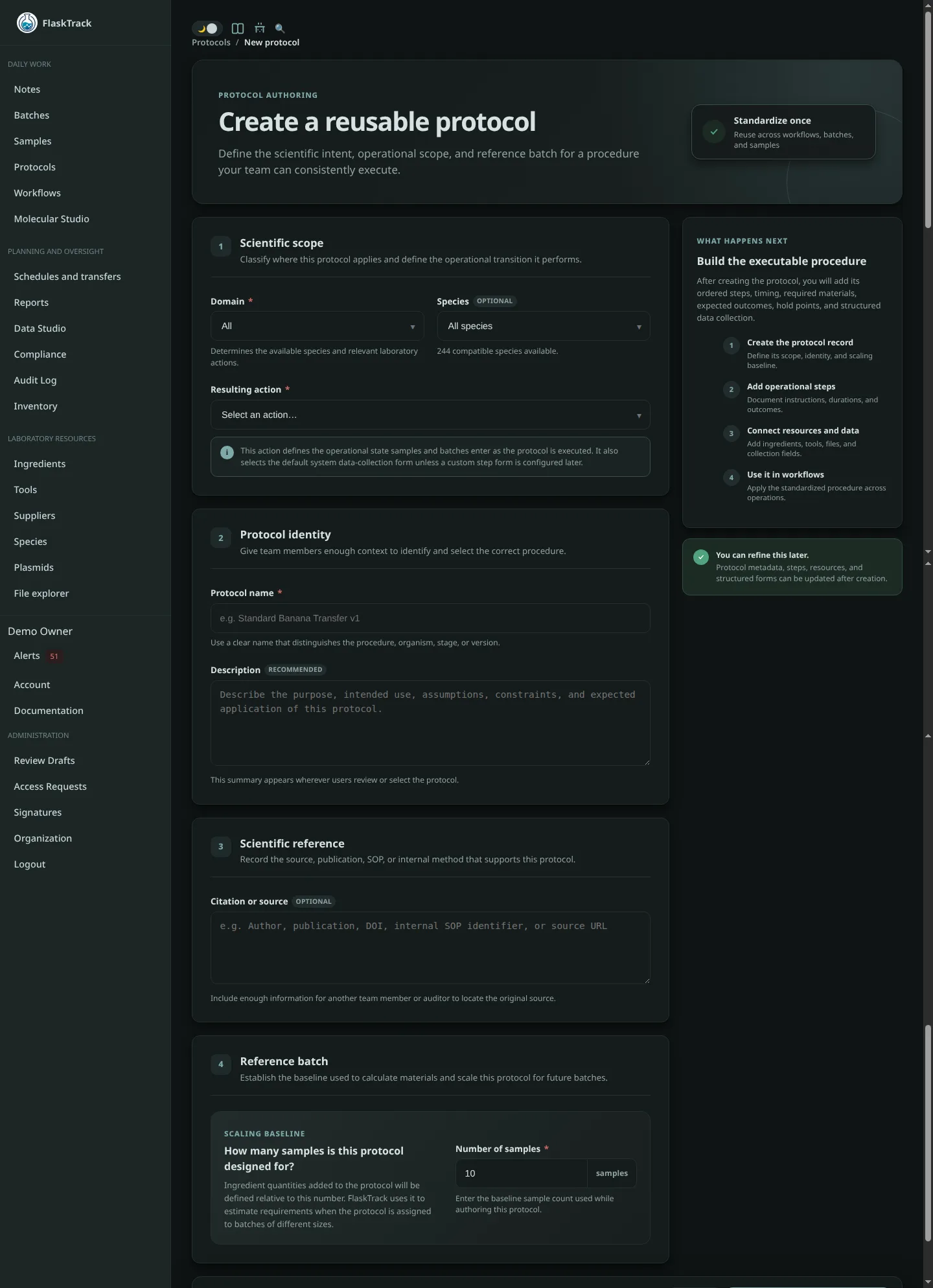 New protocol form in FlaskTrack