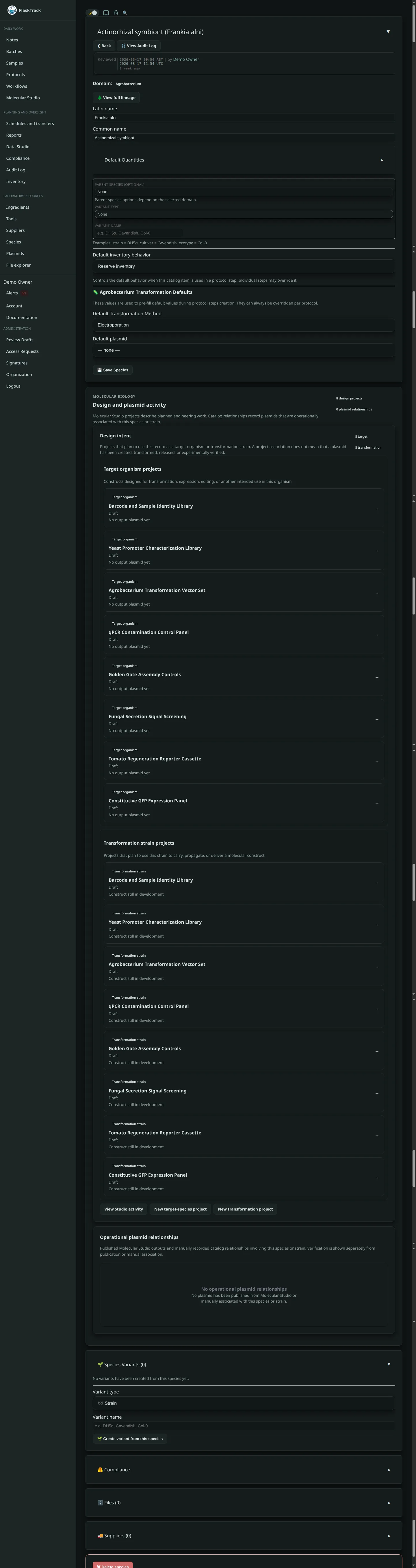 Species detail page in FlaskTrack