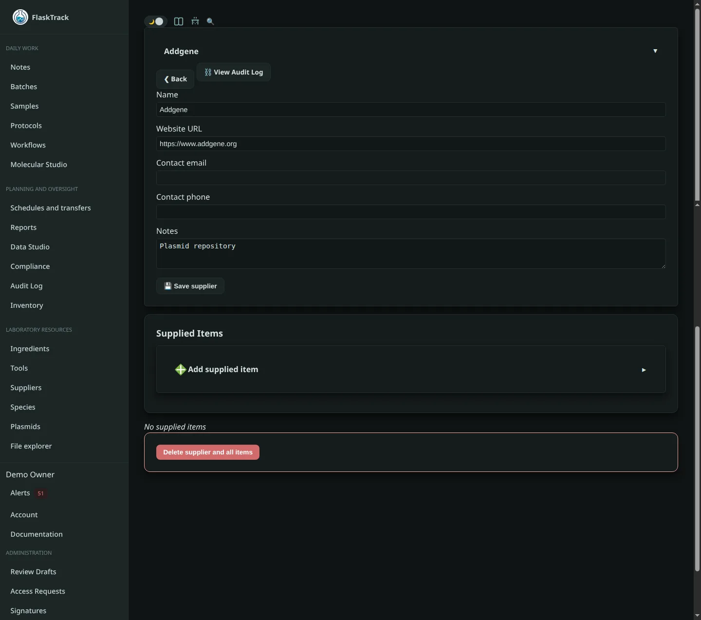 Supplier detail page in FlaskTrack