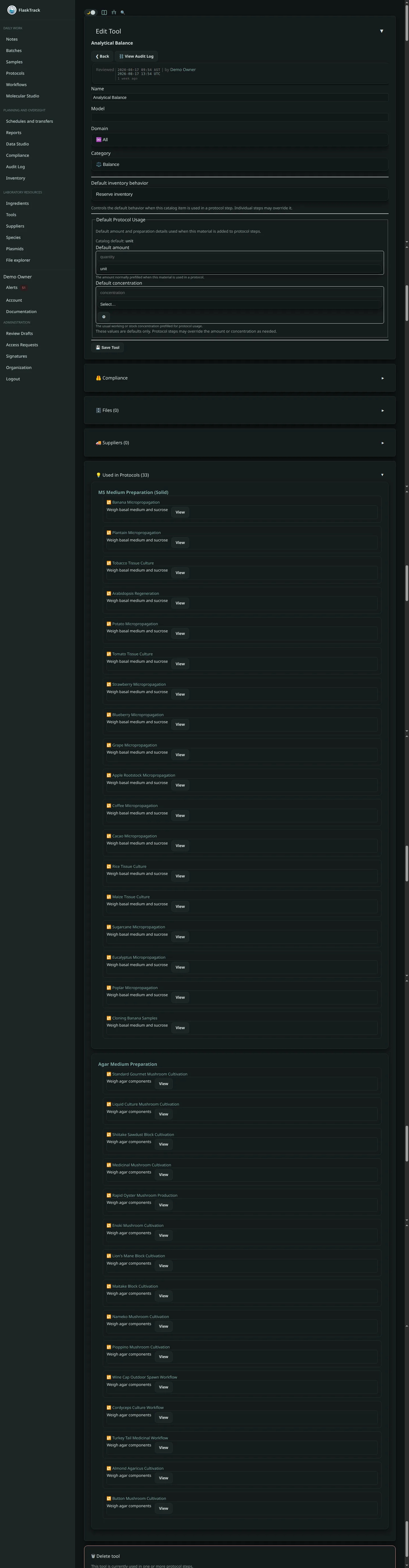 Tool detail page in FlaskTrack