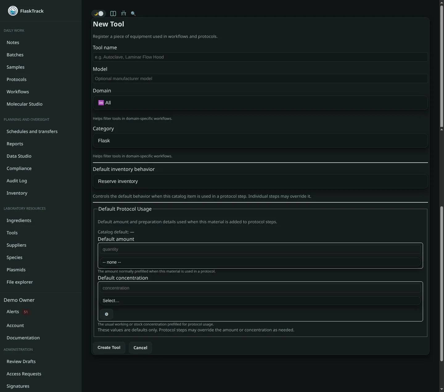 New tool form in FlaskTrack