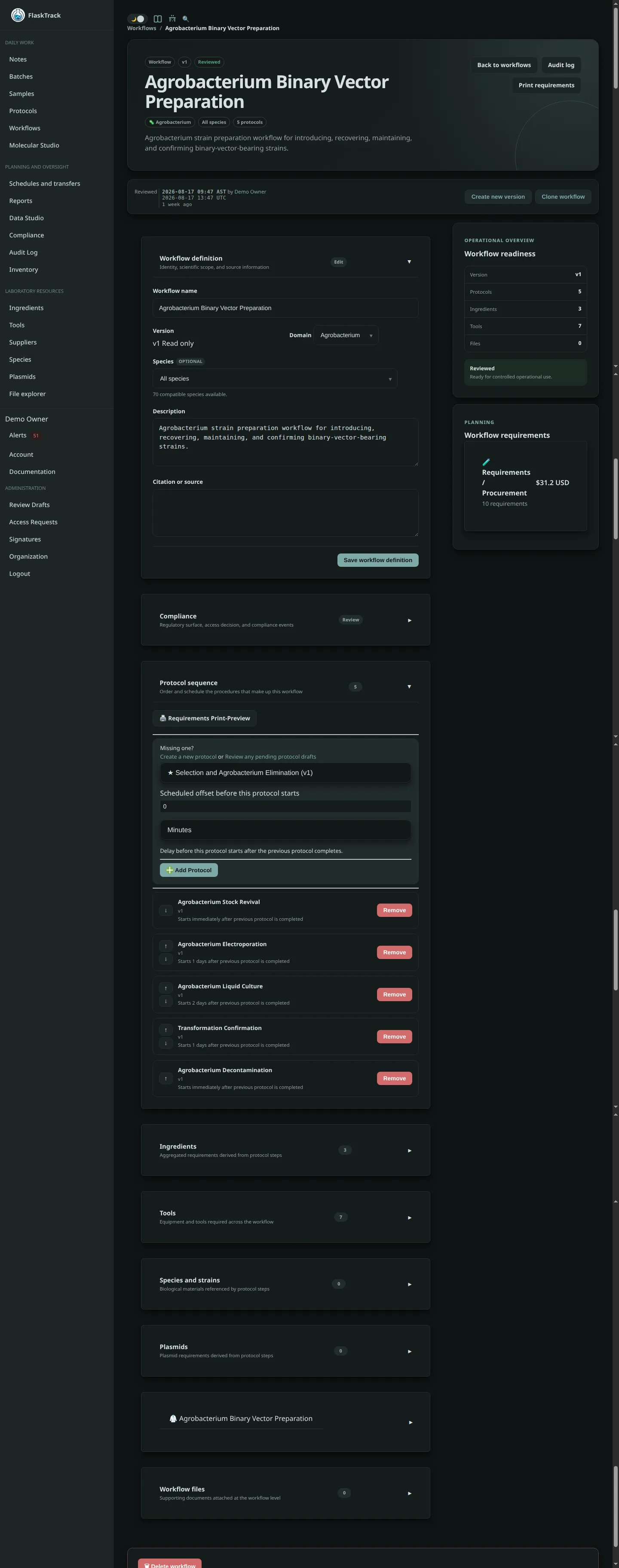 Workflow detail page in FlaskTrack