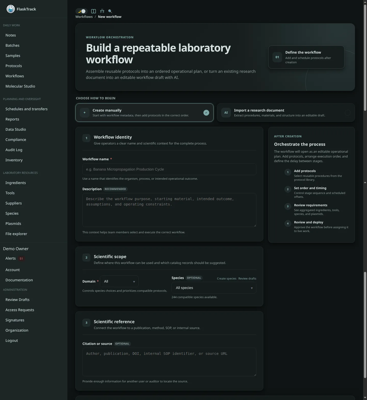 New workflow form in FlaskTrack